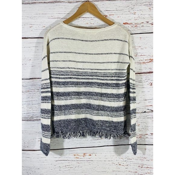 Max Studio Sweater Womens Sz Small Knit Ivory Blue Stripes Nautical Raw Hem - Picture 3 of 12